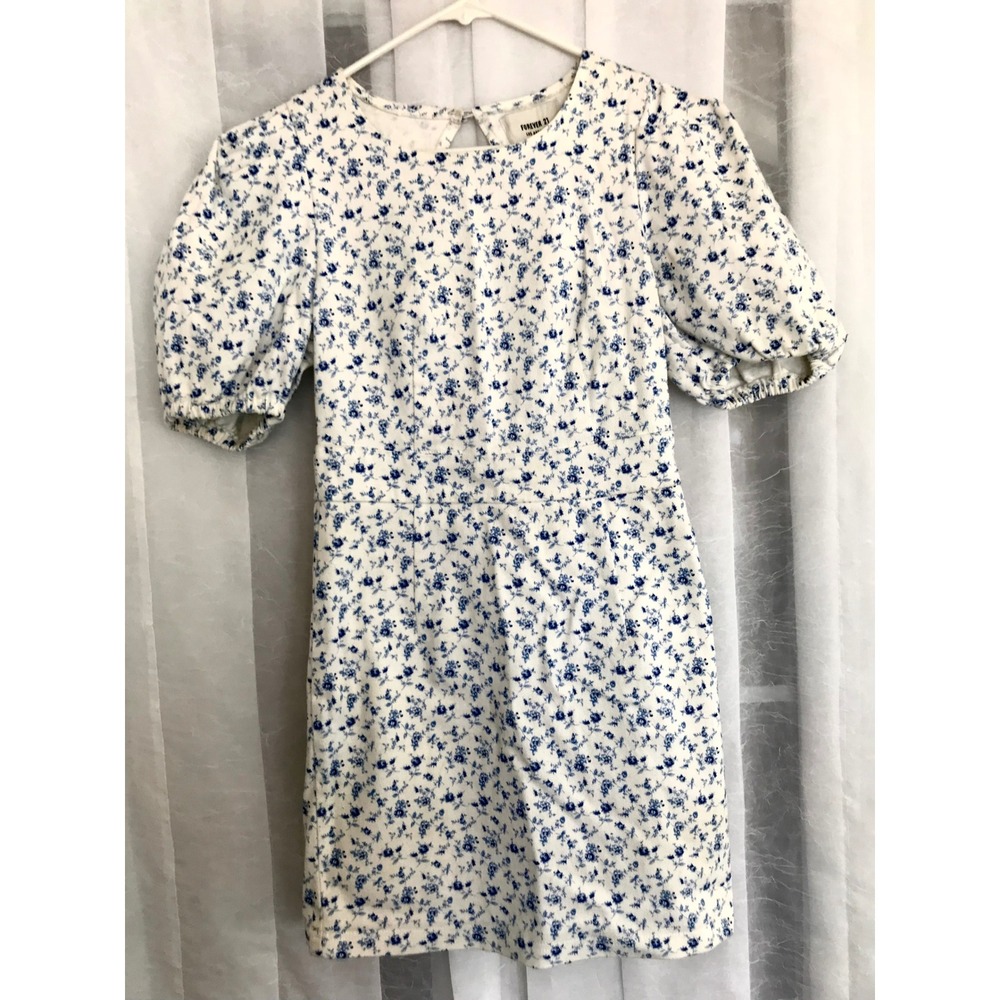 Forever 21 Blue Floral Puff Sleeve Open Back Mini Dress Womens Size Medium - Picture 1 of 6